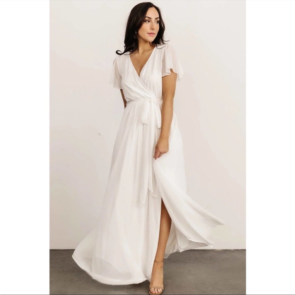 Baltic Born Kristina Maxi Dress White Chiffon Short Flutter Sleeve Wrap XL NWT